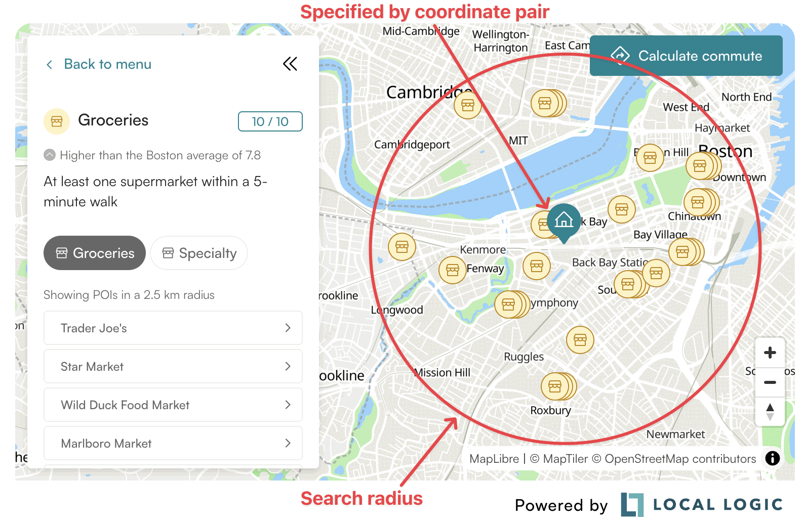 Annotated Local Content map showing listing marker and search radius