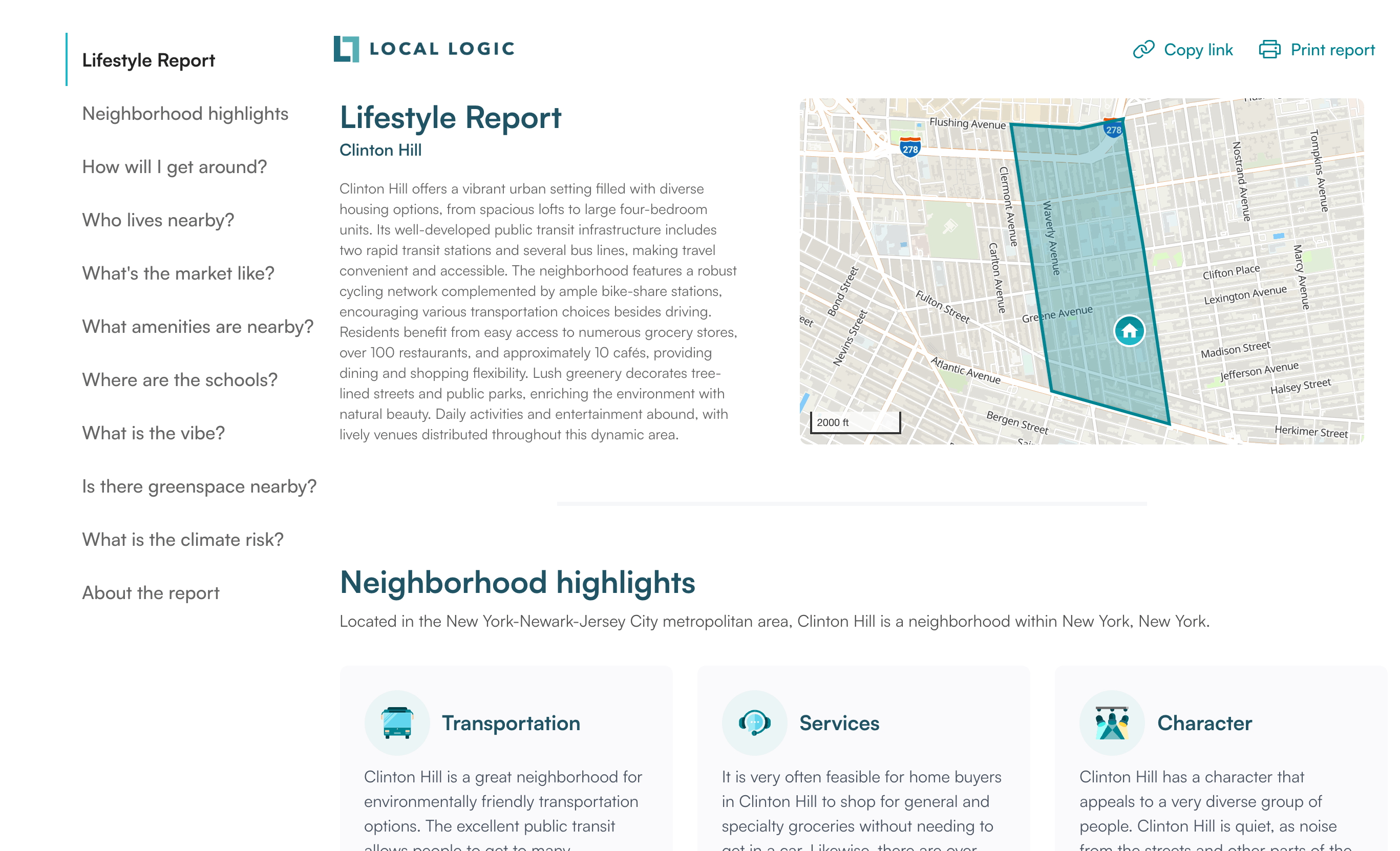 Screenshot of Neighborhood Lifestyle Report